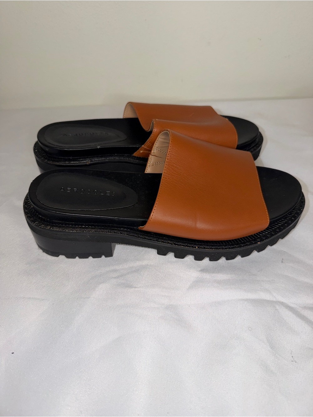 AEROSOLES Cognac Leather Slide Mules with Lug Sole